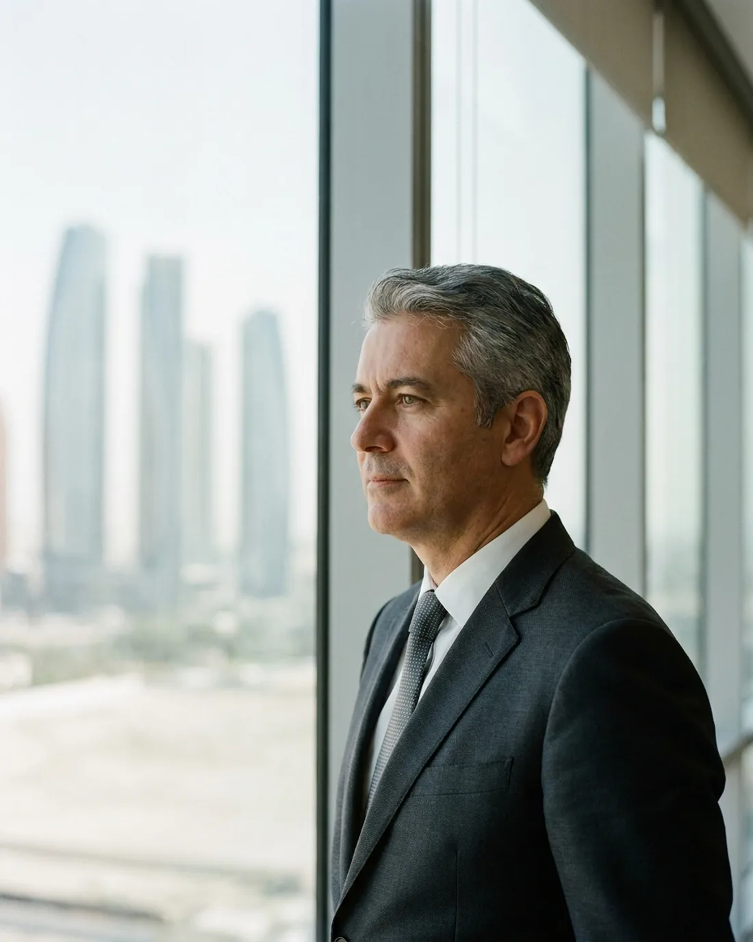 A senior executive standing composed by a window in a quiet office above the city